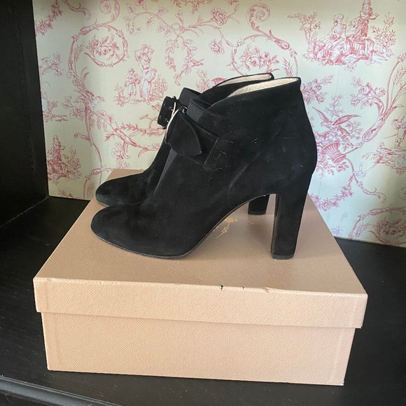 Prada Buckle-Strap Ankle Boots Black Suede Size 39 High Heel Booties - Picture 4 of 7